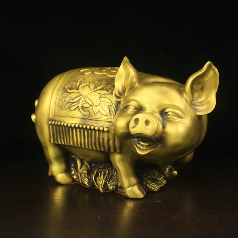 32CM Da Fu Wu Gu Zodiac Pig Bronze Statue