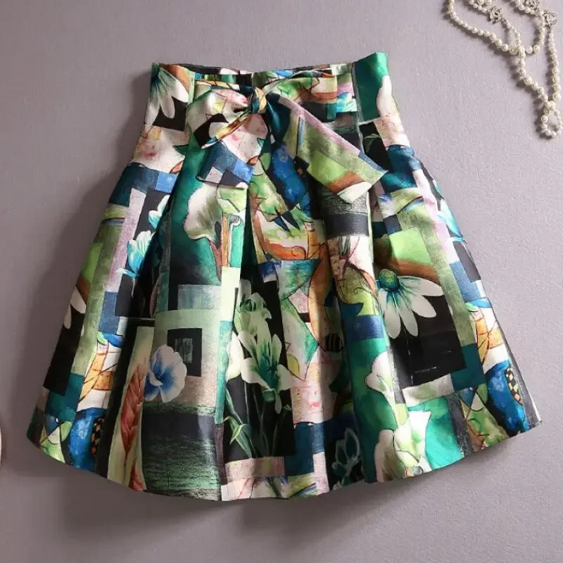 

Summer Floral Print A-line Short Skirt Sweet Bow Pleated Mini Skirt