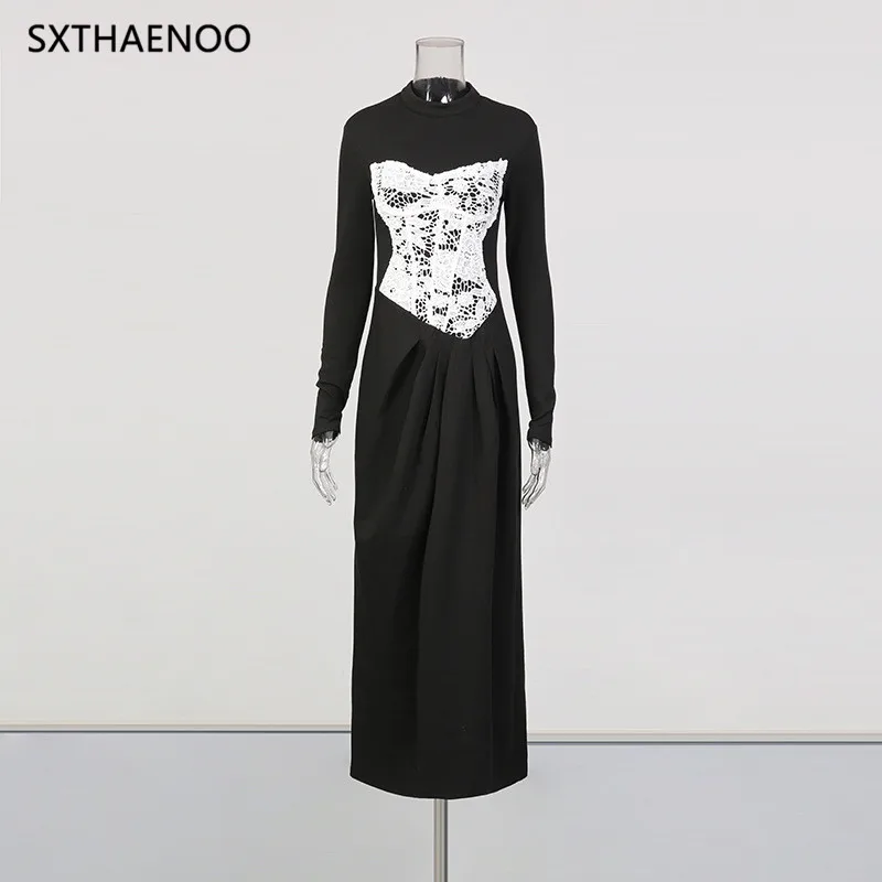 SXTHAENOO ضرب اللون التخسيس تقسم الدانتيل فساتين أنيقة للنساء الوقوف الرقبة طويلة الأكمام المرقعة طيات فستان الإناث 2025