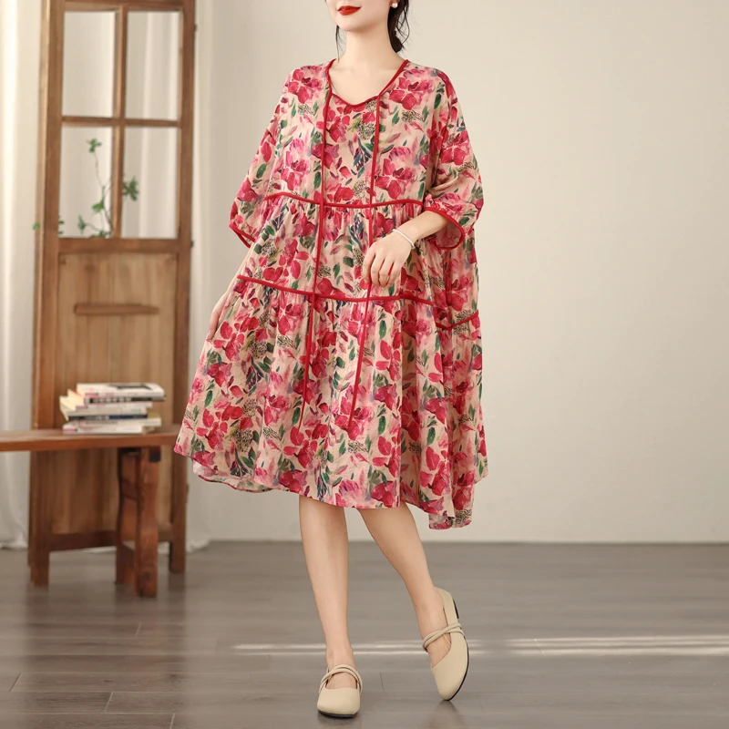 

Summer Large Size Cotton Linen Print Collar Rope Loose Elegant Slimming Versatile Dress Artistic Style High Waist A-Line Skirt