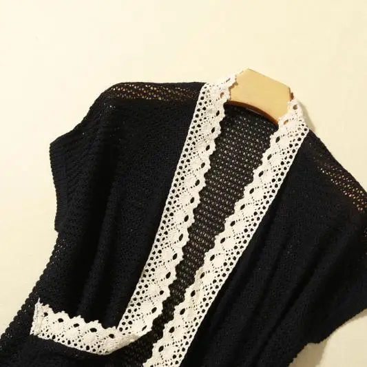 Summer Women's Loose Vintage Knitted ort Sve Hollow out Color Blo Lace Trim Open Cardigan Versatile awl Faionable
