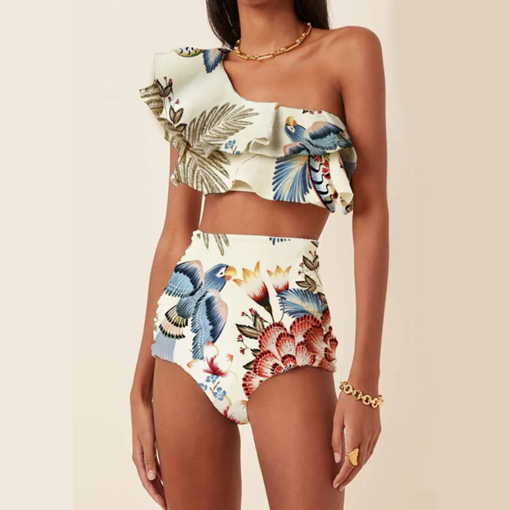 

Vintage One-Shoulder Bird Flower Print Ruffled Bikini Set Summer Swiming Suit 2022 Luxury Shorts Bourkini Micro Monokini Sexy