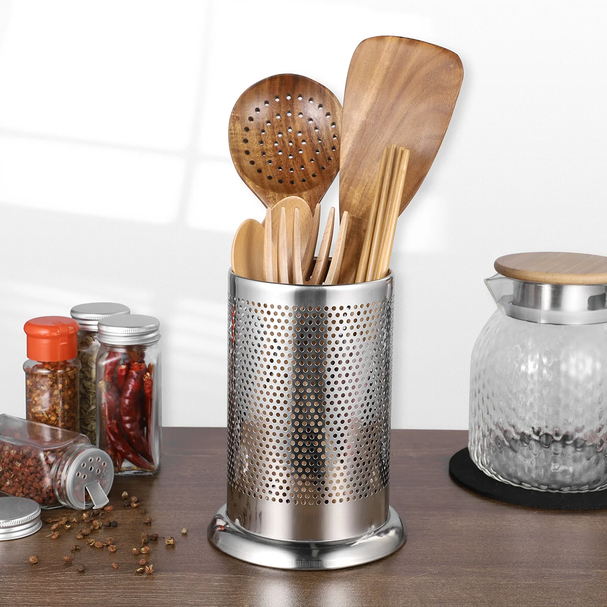 

Держатель из нержавеющей стали, органайзер для столовых приборов, сливные отверстия для посуды, органайзер для инструментов для приготовления пищи, столешница для хранения, кухонный инструмент