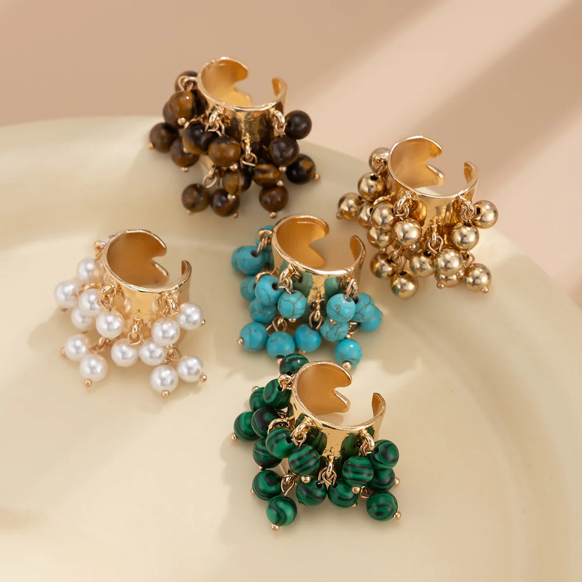 Vintage Natural Stone Multi-pendant Tassels Pendant Open Ring Women\'s Beaded Heart Ring Wedding Party Jewelry
