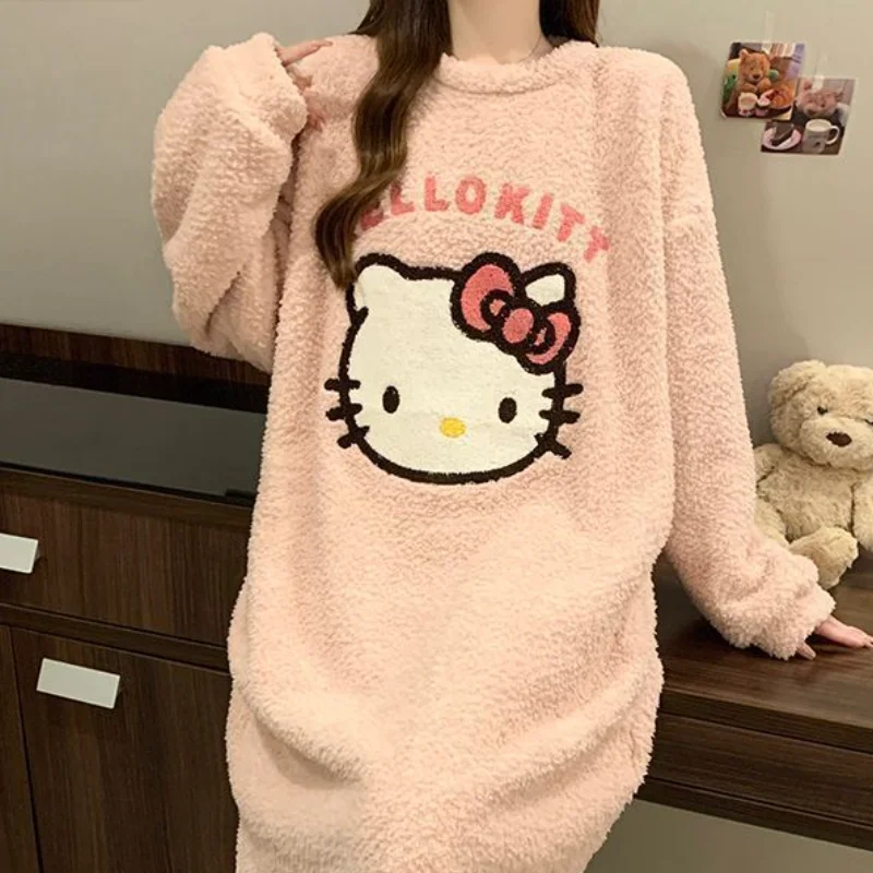 طالب لطيف هريرة فضفاضة عارضة النوم رداء المرأة الخريف الشتاء الكرتون أنيمي سميكة الدافئة النوم تنورة لينة ملابس المنزل #1