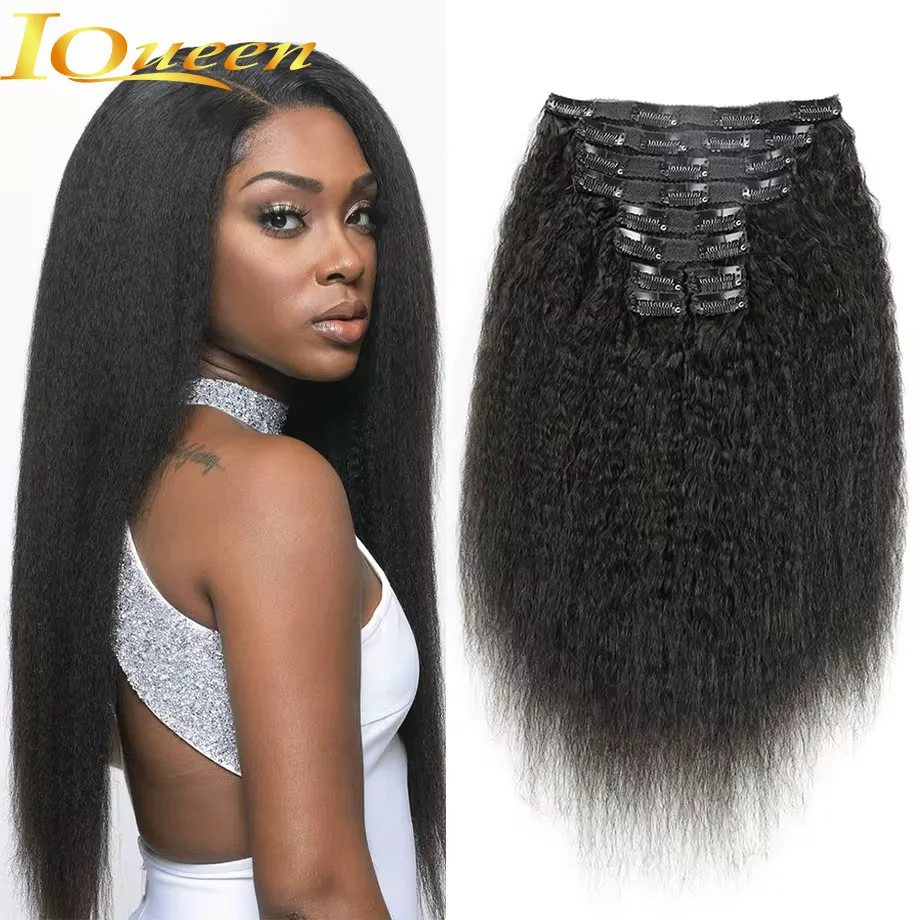 

Kinky Straight Clip in Hair Extensions Real Human Hair Clip ins Natural Black Double Weft Clip ins Kinky Straight Clip in Hair