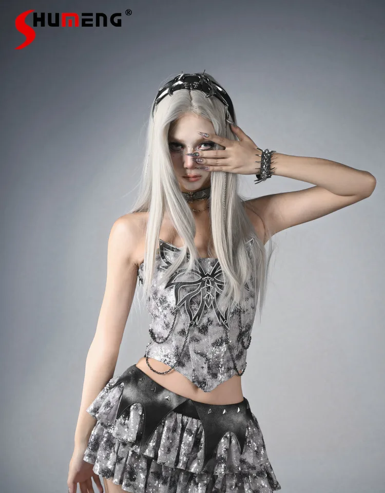 

Subculture Aesthetic Short Vest Mini Skirt Womens Outifits Summer 2025 Punk Heavy Industry Sexy Hot Girls Sequin Fishbone Corset