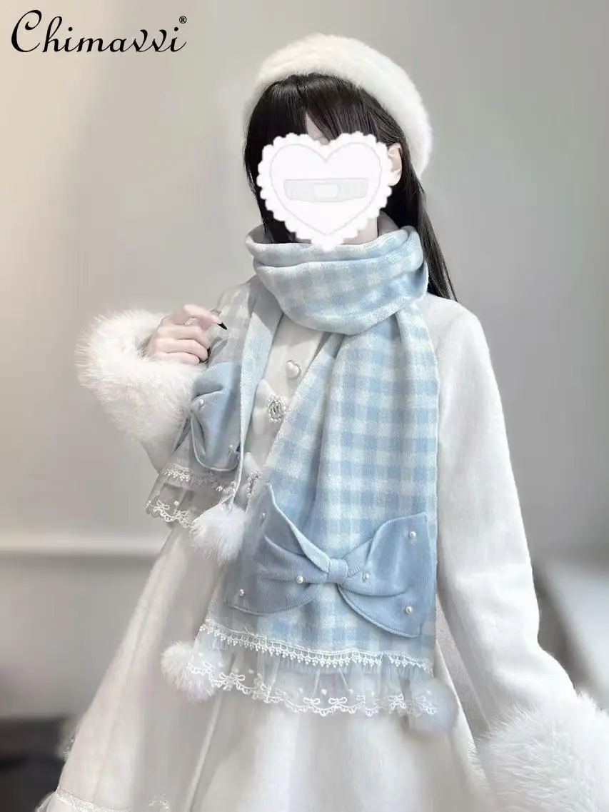 オリジナル和菓子ガールパールリボン毛玉スカーフ冬の新プリンセスレーススプライシングニット量産気質スカーフ