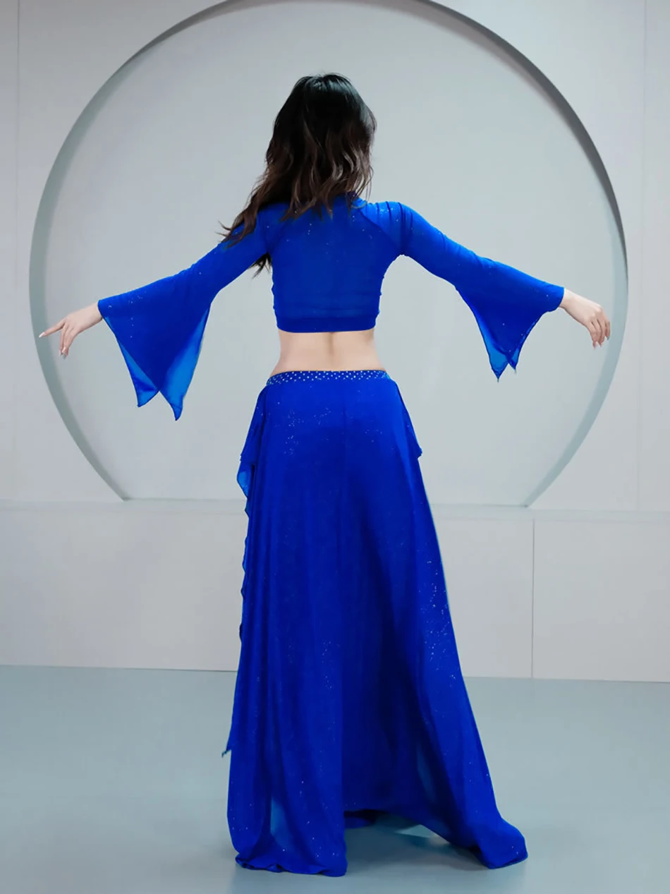 Costumi di danza del ventre Set per donna Abbigliamento da ballo con nastro a foglia di loto Top + gonna Abiti a maniche lunghe Abiti per spettacoli teatrali