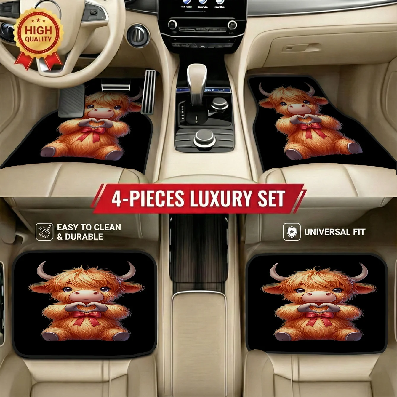 Set Of 4 Premium Car Mats In Cow Plush Style, Stylish Interior Accessory, Fits Most European Cars, Easy Maintenance & Durable