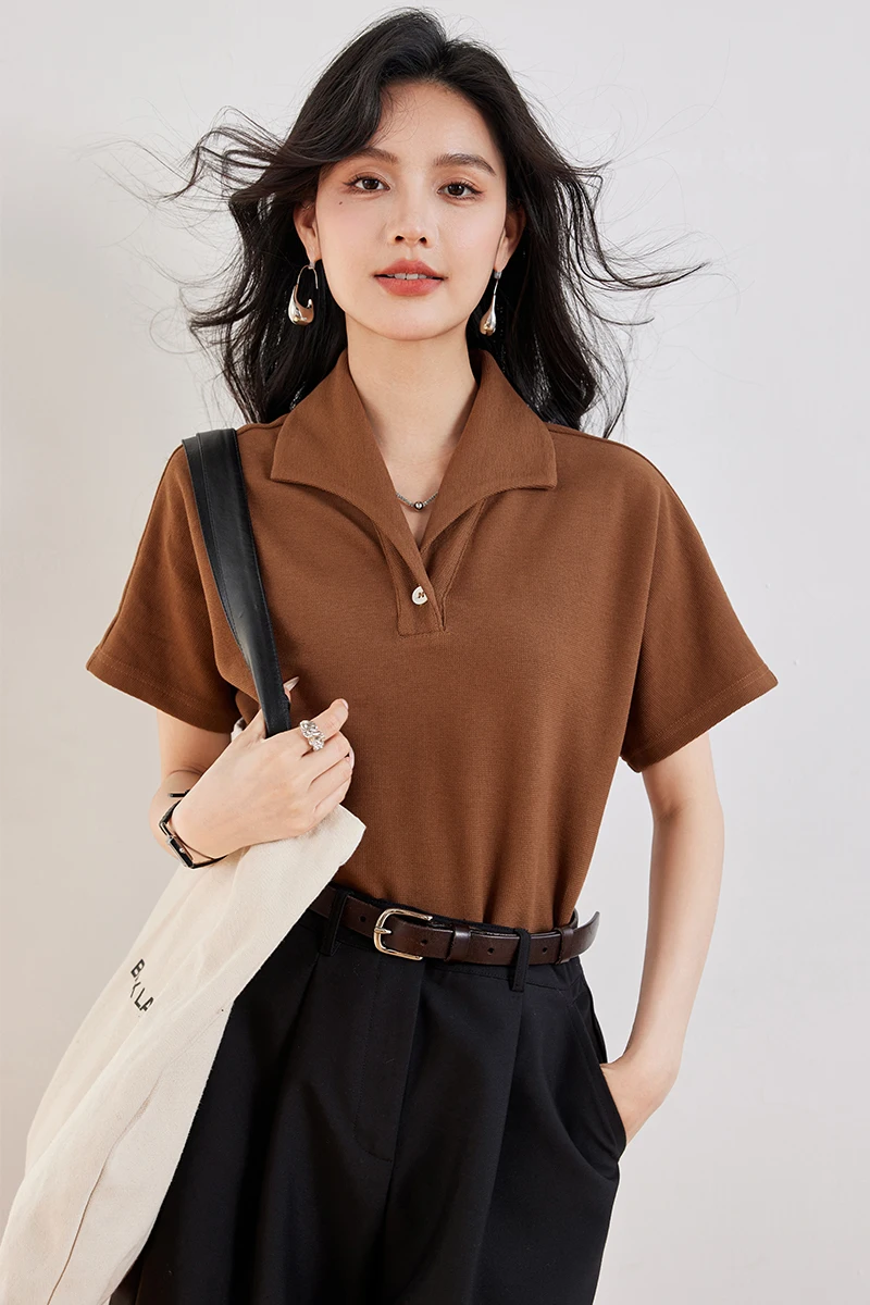 

Coigarsam Blouse Women Summer 2024 New Office Lady Short Sleeve Knitted Turn-down Collar Blusas Womens Tops And Blouses