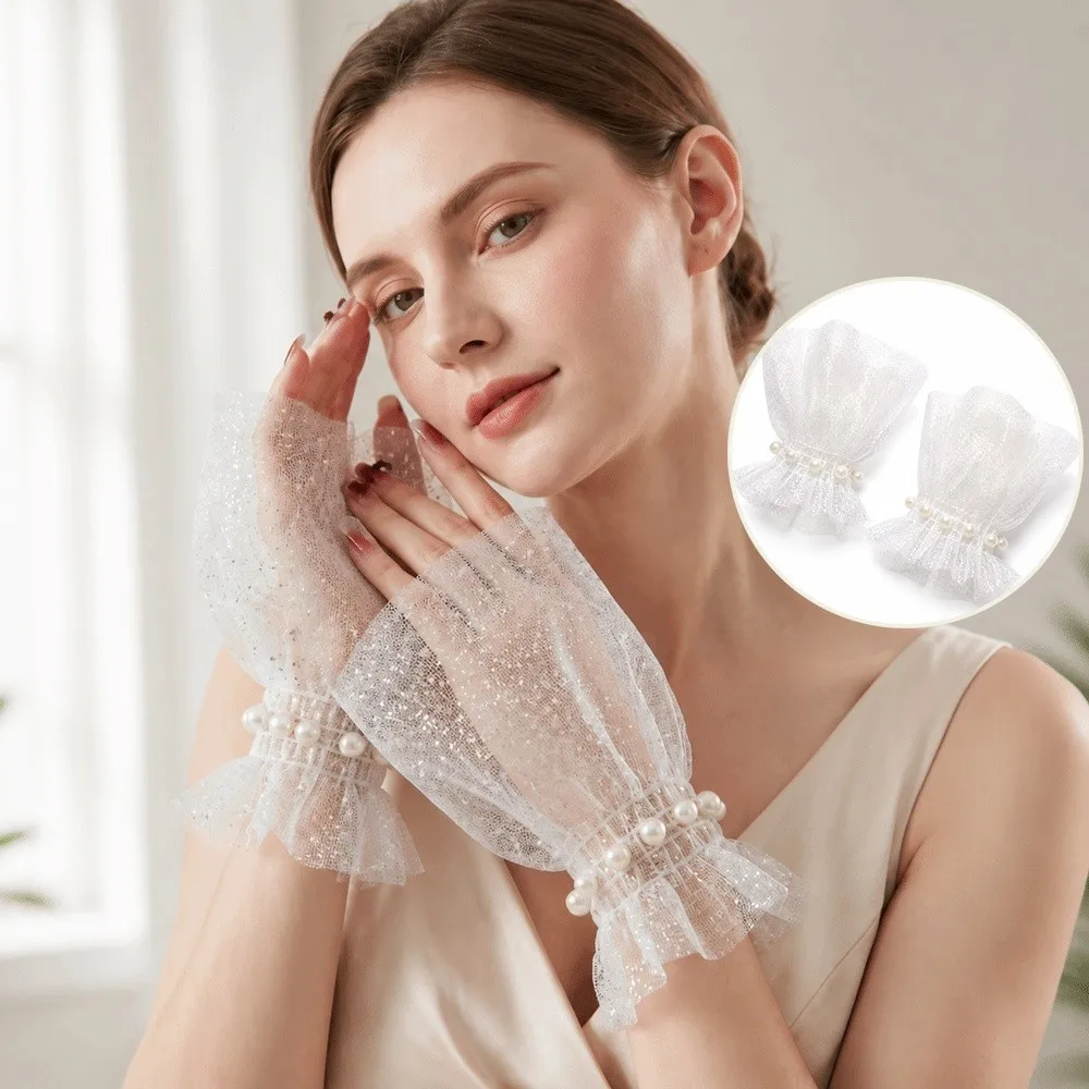 Glitters Shining Fake Wrist Cuff Detachable Pearl Tulle False Sleeve Cuffs Short Arm Wear Arm Sleeves Manicure Photography