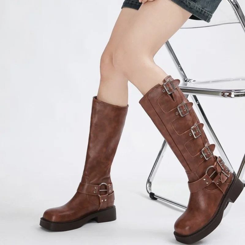 2024 New Hot Selling Knee High High Heels Low Heel Trend Punk Goth New Rock Leather Fashion Women's Boots Motorcycle Shoes