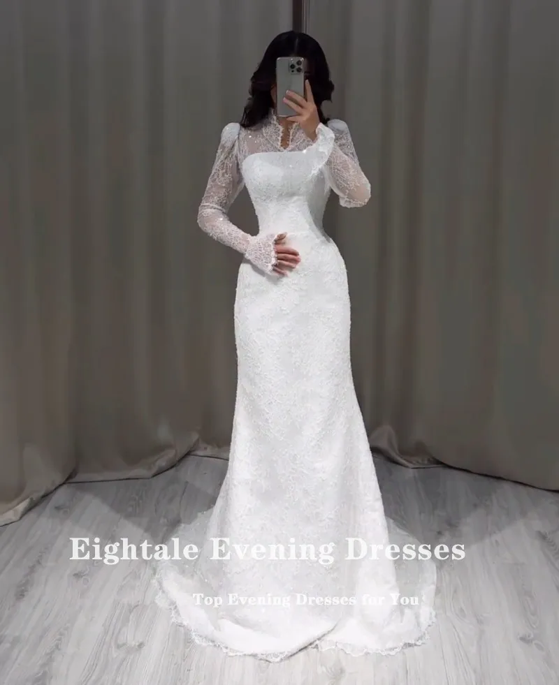 Eightale Arabische Trouwjurk Kant V-hals Aangepaste Wit Ivoor Lange Mouwen Moslim Bruidsjurk Zeemeermin Bruid Feestjurk