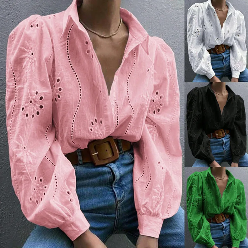 New Single Breasted Solid Color Embroidered Long Sleeved Lapel Shirt with Loopholes for Women