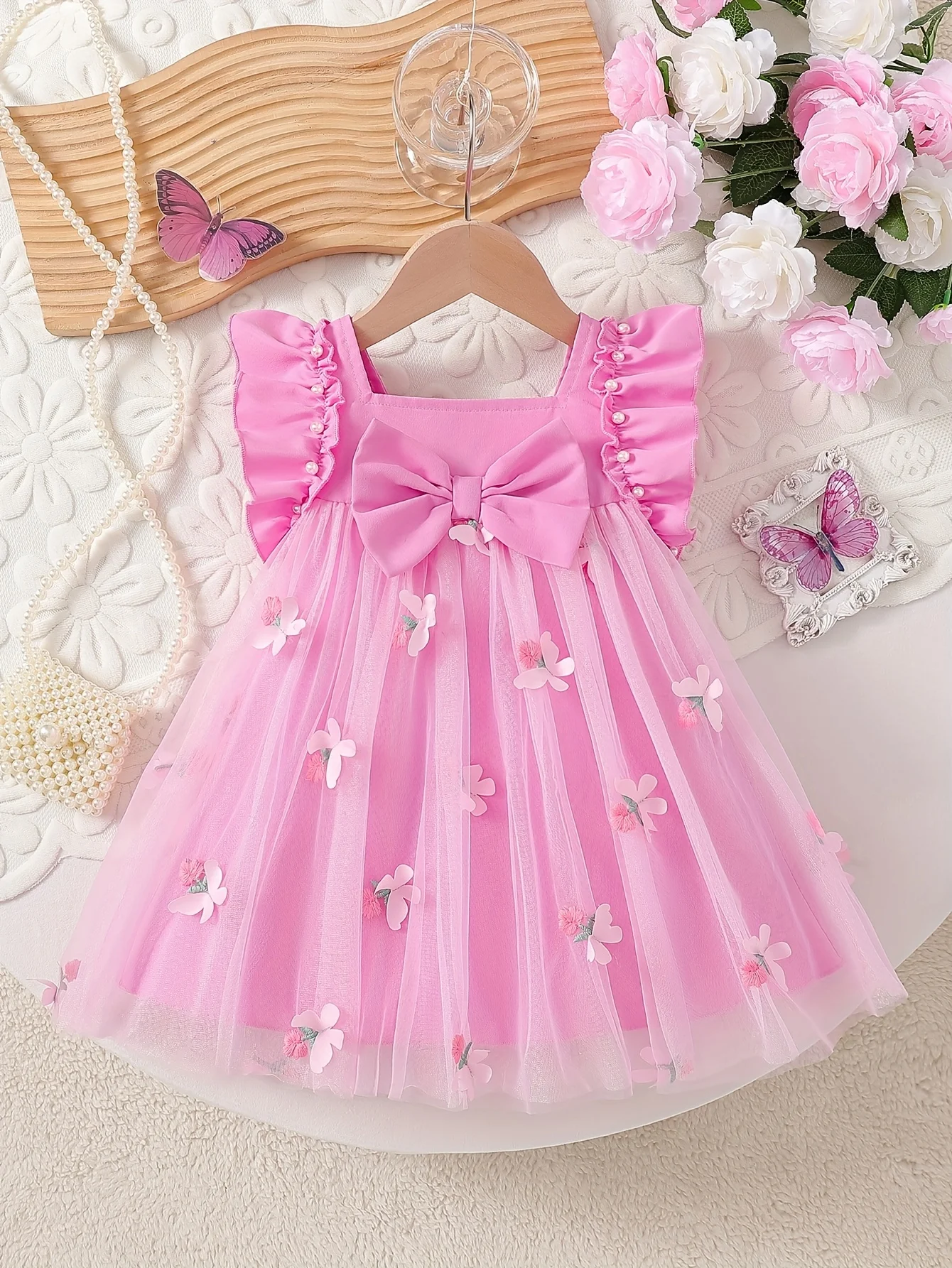 

Baby Girl Pink Tulle Dress: Big Bow & Flower Embellishments – Valentine's & Birthday Gift for Toddler Special Occasions