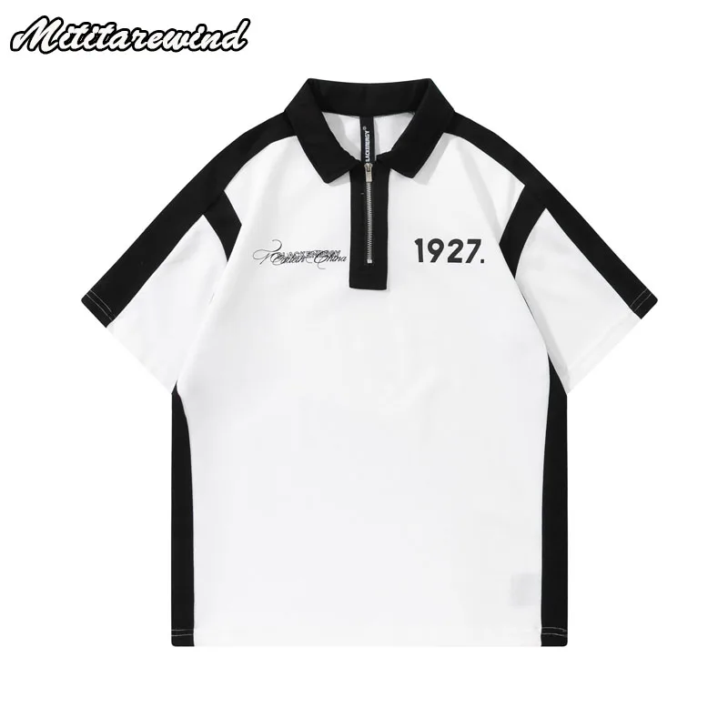 

Contrast Color 2023 Men's T-shirts Polo Zipper Collar Sportwear High Street Trendy Hip Hop Loose Tees Daily Letter Print Y2k