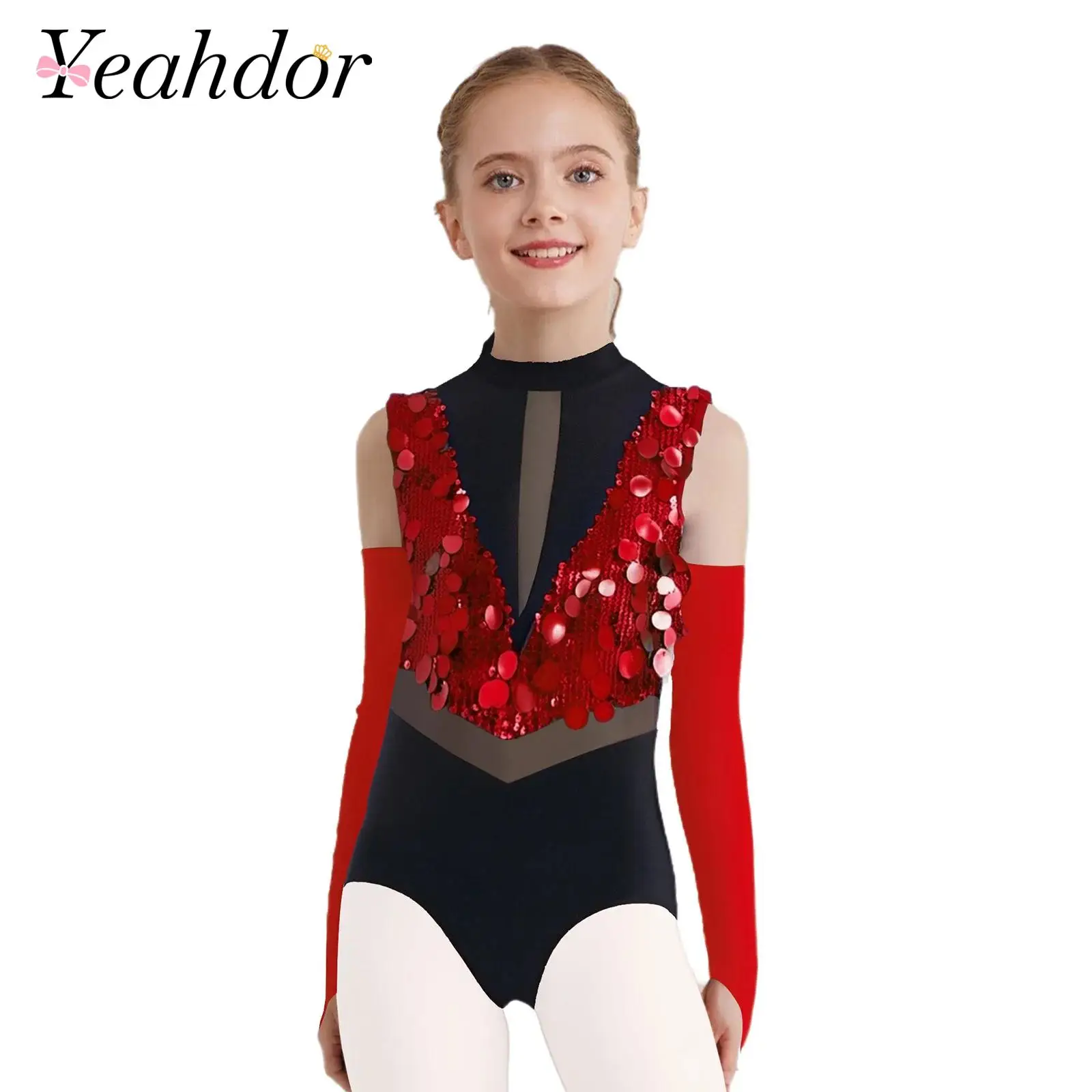 

Kids Girls Gymnastics Jumpsuits Dance Outfit Cutout Back Sparkling Sequins Ballet Leotard with Gloves Performance Costumes