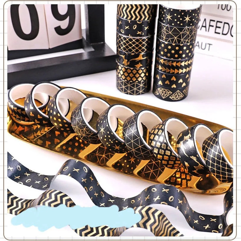 12 Gulungan Selotip Washi Emas Hitam Perlengkapan Buku Tempel Selotip Foil Emas Stempel Cinta Adhesiva Decorativa Selotip Washi Diary