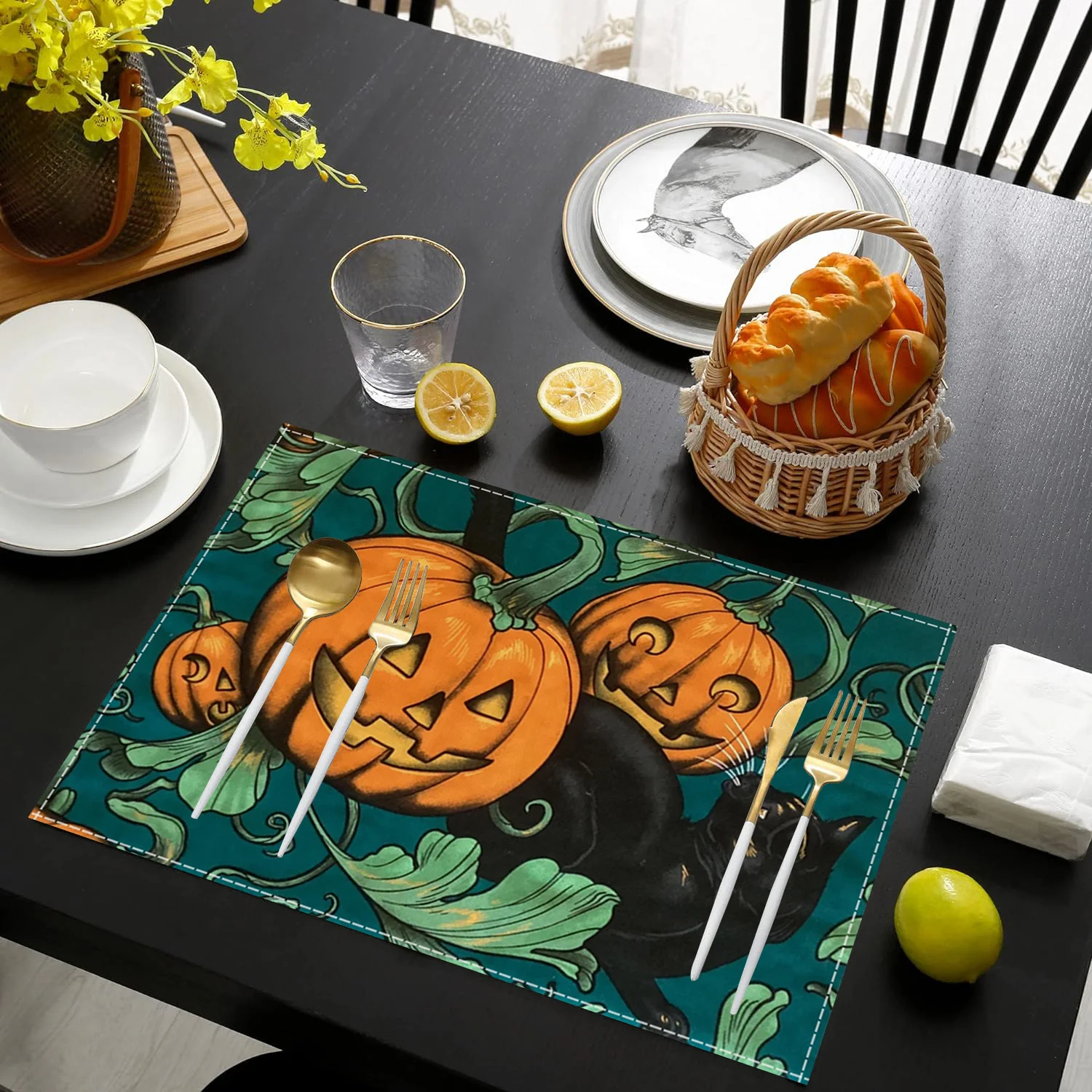 Halloween Pumpkin Witch Placemats Square Woven Polyester Table Mats  Festive Dining Room Decor