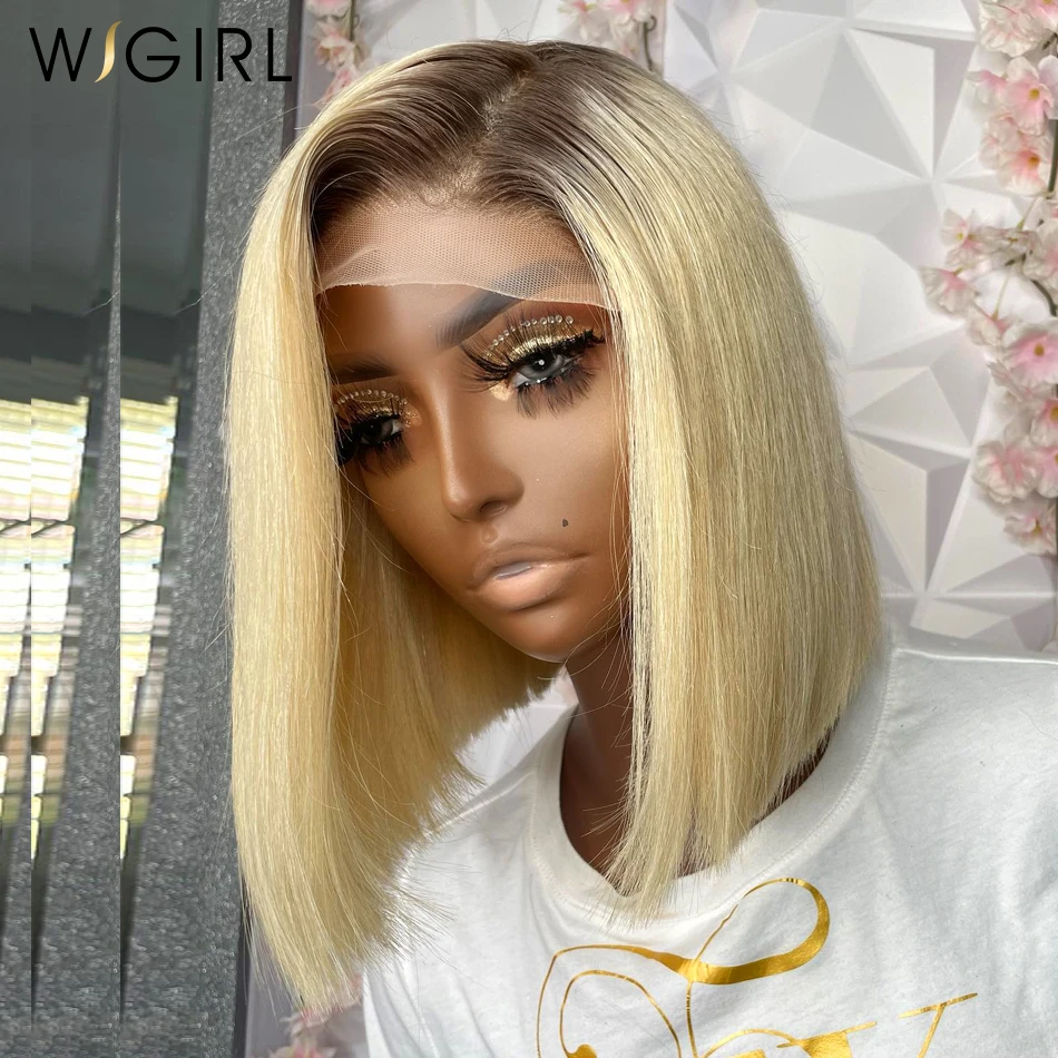 

Wigirl 1b 613 Blonde Colored Lace Frontal Wig T Part Short Bob Black Root Human Hair Wigs 13x4 Sraight lace Front Wig