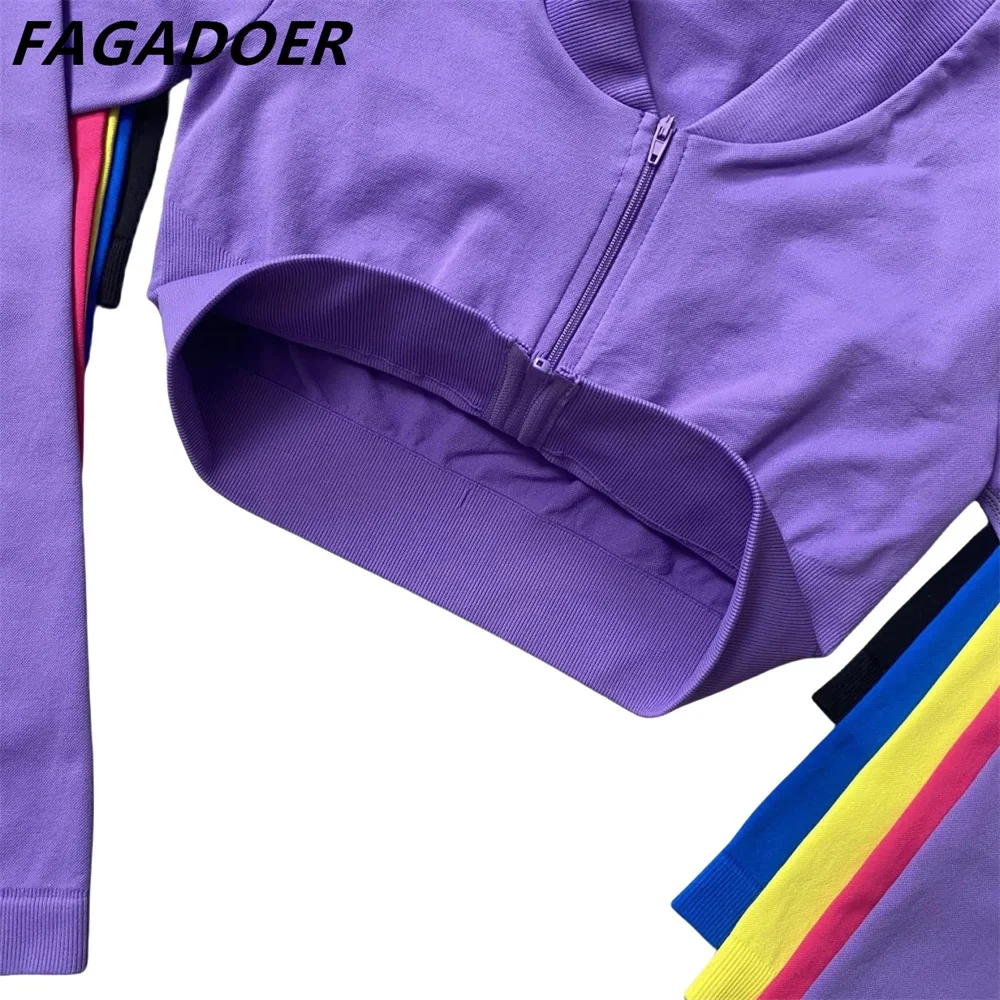 FAGADOER High Quality Sport 2 Piece Sets Zip Outfits Women Long Sleeve Stretchy Crop Top Flare Pants Tracksuits Activewear