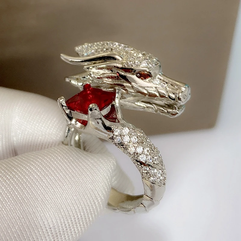 Vintage Rhinestone Dragon Shaped Finger Rings For Men Women Retro Style Open Adjustable Ring Personality Band Jewelry