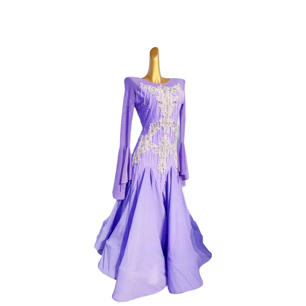 Traje de Baile Latino con Piedras AB para Mujer, Adulto y Niña, Falda Moderna Morada de Alta Gama, Vestido de Samba Negro para Piscina