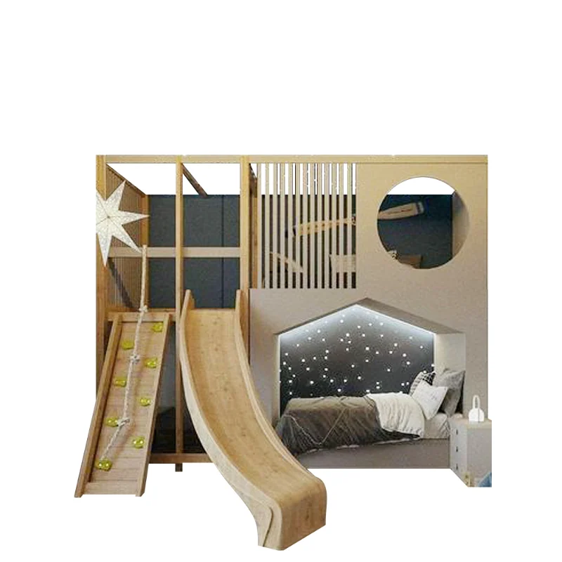 Game house, solid wood forest playground, home children get on and off the bed.