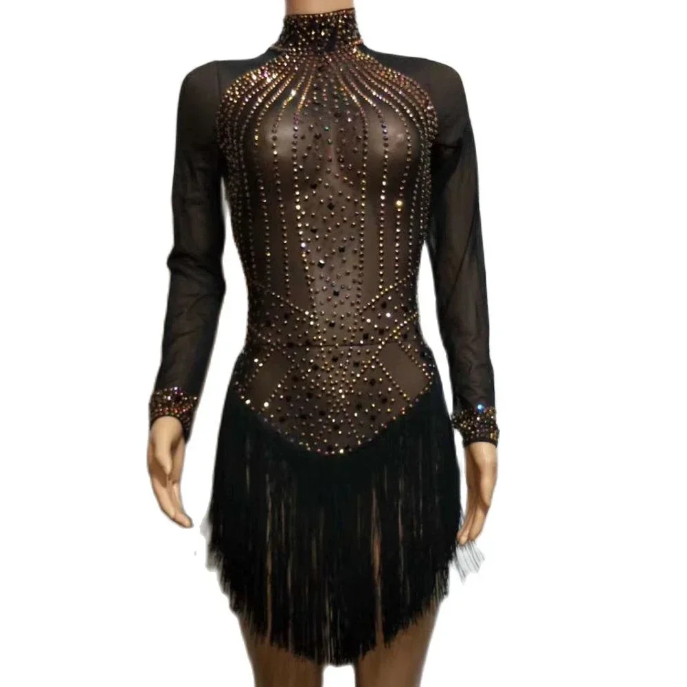 Women Black Tassel Sparkling Rhinestone Sexy Club Dress Mesh See Through Outfit Party Show Performance Stage Wear 2025NEW