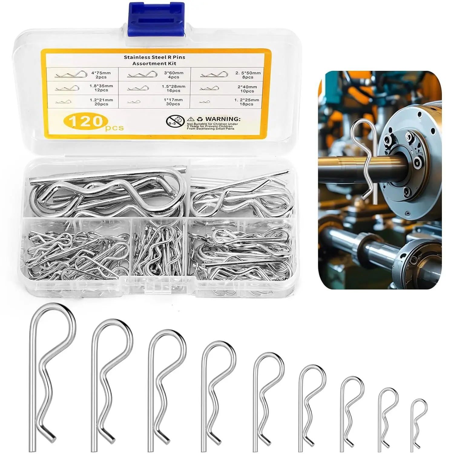 120Pcs Spring R Clips Set Zinc Plated Safety Clips Assorted Pack of 9 Sizes for Automotive And DIY Projects