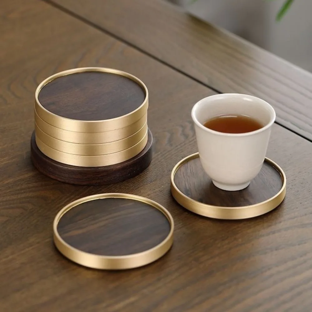 

Home Ornaments Ebony Solid Wood Coaster Heat Resistant Portable Tea Cup Holder Anti Scalding Brass Wood Round Mat Home