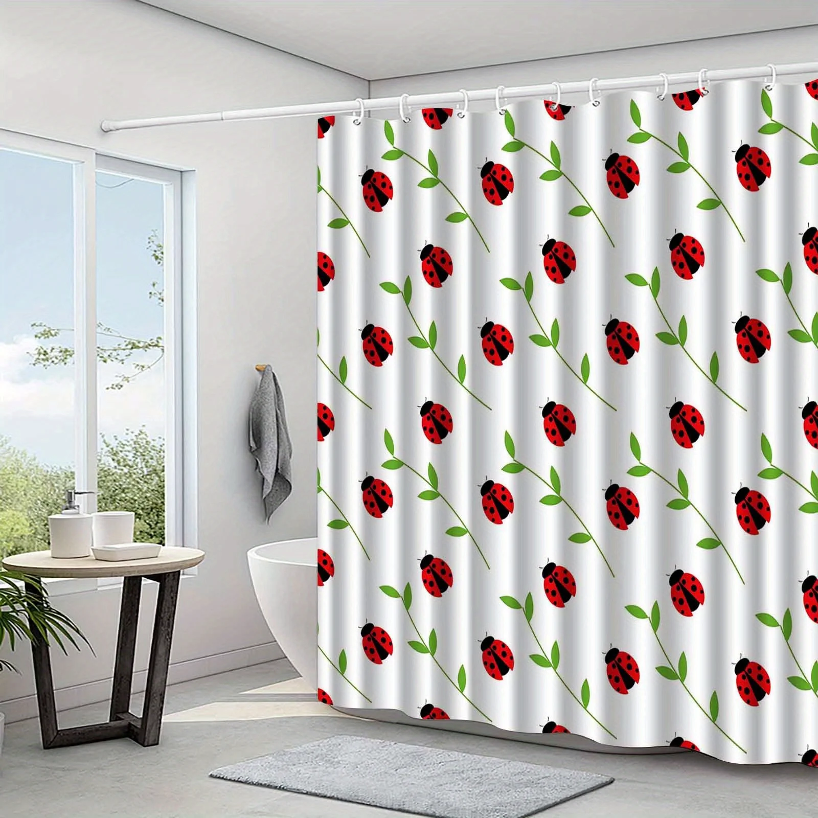 Jit1pc Fresh Summer Ladybug Green Leaf Design Shower Curtain, Luxurious Elegant Bathroom Curtain, Bathroom Decor Design