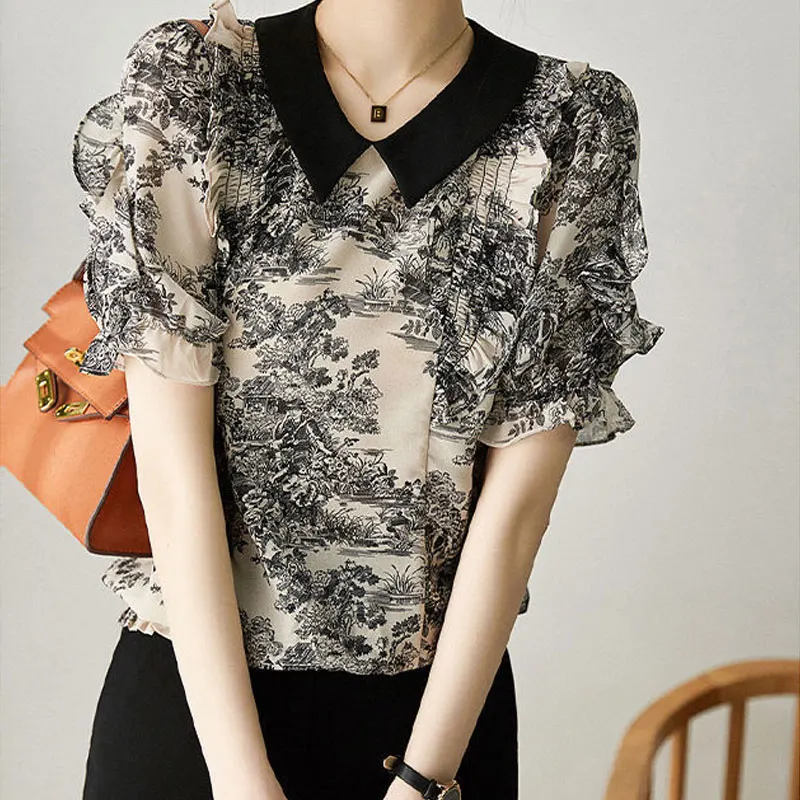 Casual Sweet Peter Pan Collar Stylish Printed Shirt Female Clothing Elegant Ruffles 2023 Summer Short Sleeve Patchwork Blouse