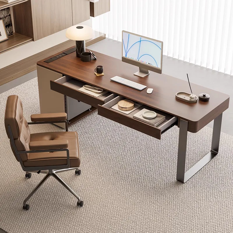 Medieval solid wood desk walnut high-end saddle leather computer desk Italian light luxury desk