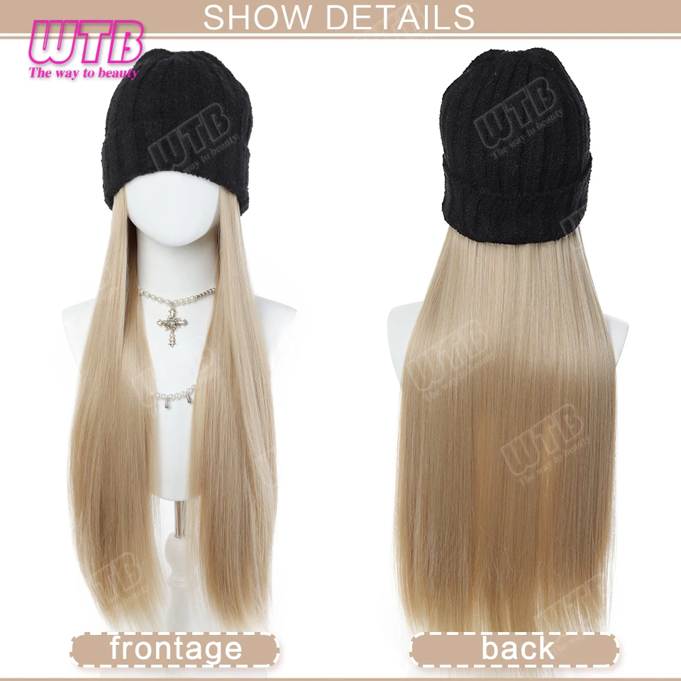 Synthetic Hat Wig Women's Black Knitted Hat Straight Hair Wig Suitable for Beginners and Everyday Wear in Autumn and Winter