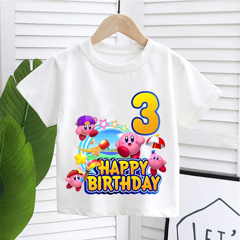 

Детская футболка Kirbys, детские летние хлопковые топы, милые игровые футболки с номером на день рождения для мальчиков и девочек, детская одежда в стиле аниме, топы с буквами из мультфильма, подарки