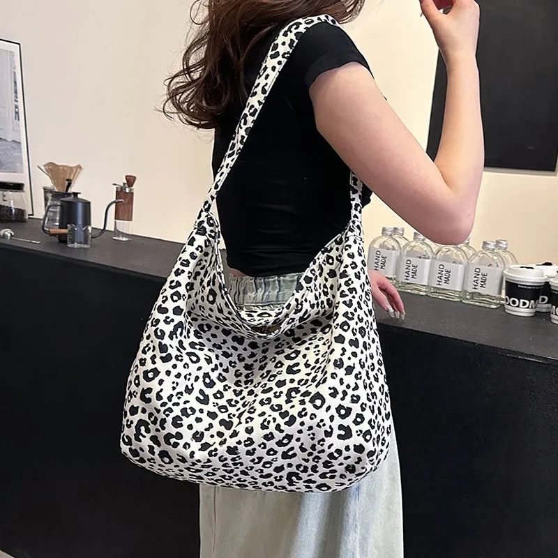 

Crossbody Bag Canvas Leopard Satchel Canvas Backpack Women's One Shoulder Hip Hop New Simple Korean Bucket Bag