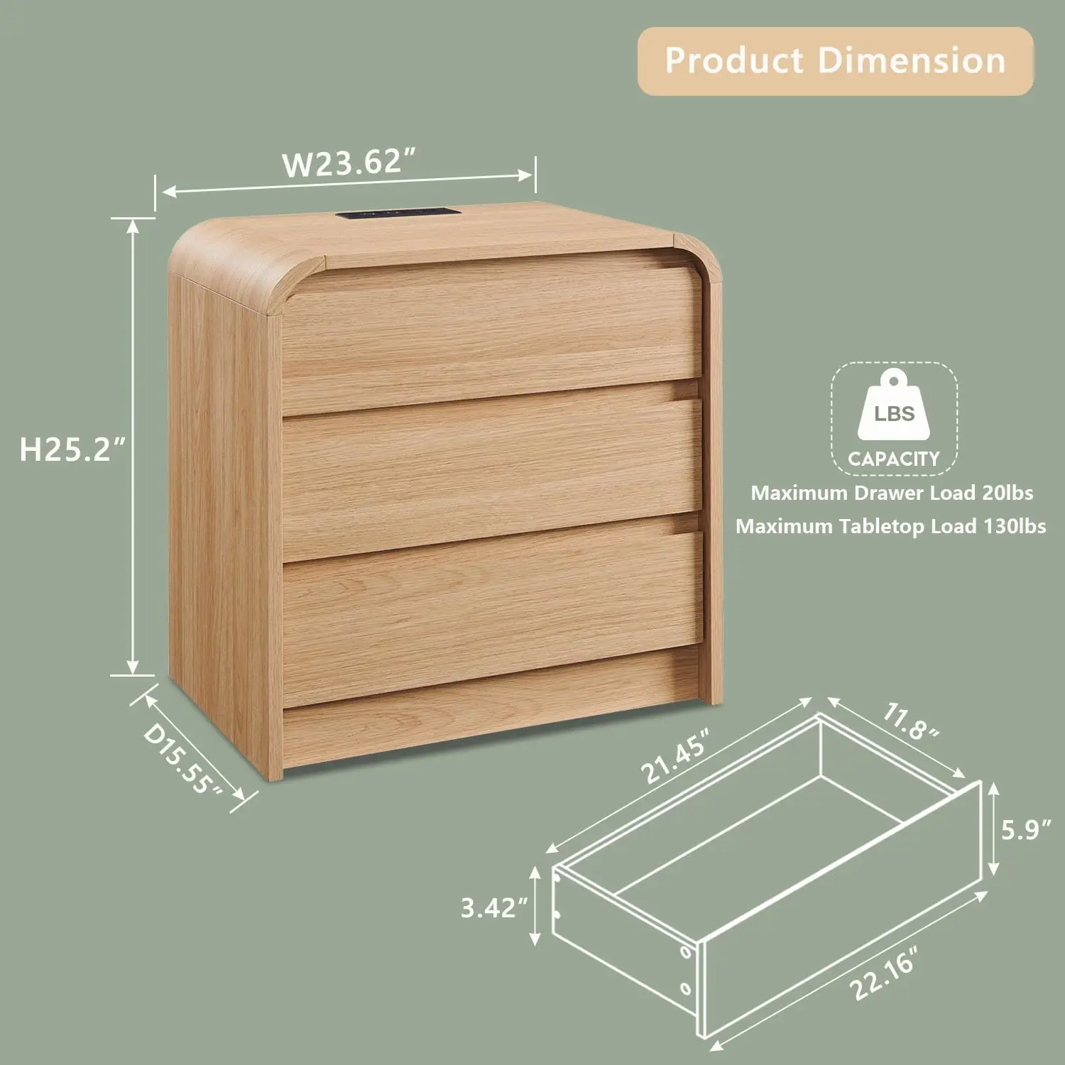 25' Tall Modern Nightstand with Charging Station, 23.6'' Wide Wood Bedside Table W/3 Storage Drawers, Small Dresser, Customized