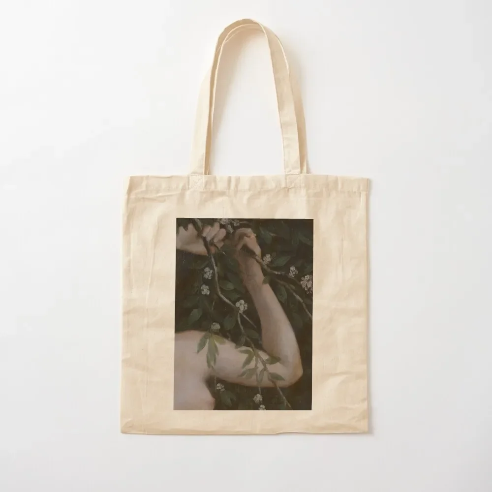 Young woman with flower painting detail (daphne) Tote Bag canvas shopping bag ecological bags university shopper bag