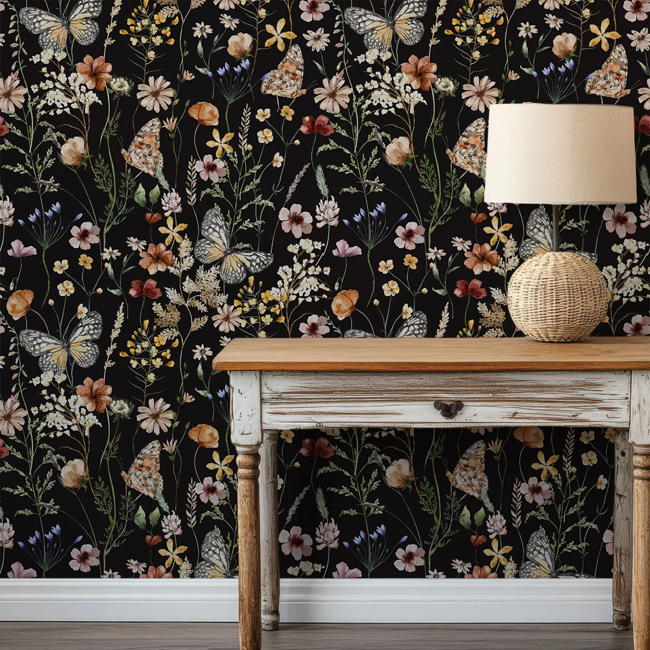 Black Wildflower Butterfly Self Adhesive Wallpaper Botanical Contact Paper Waterproof Wall Mural for Wardrobe Drawer Bedroom