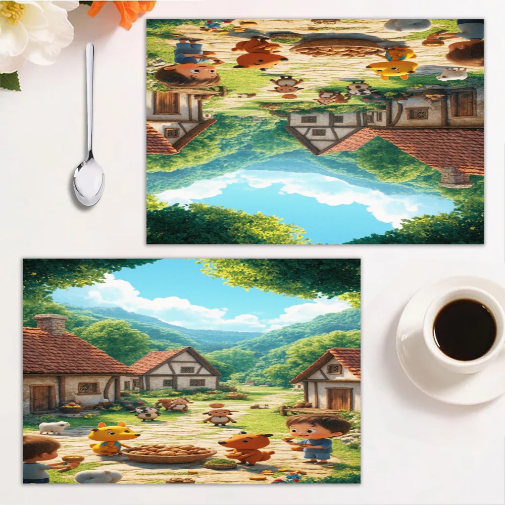 직사각형 플레이스매트 4개 세트, 다채로운 시골 디자인, 청소가 용이함, 주방 및 축제 행사에 적합, 12