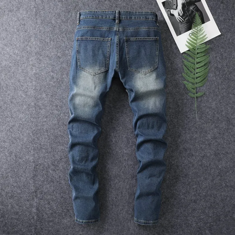 Broken Pleated Motorcycle Jeans for Men with Slim Fit and Small Feet Retro and Nostalgic Trend Street Casual Elastic Denim Pants