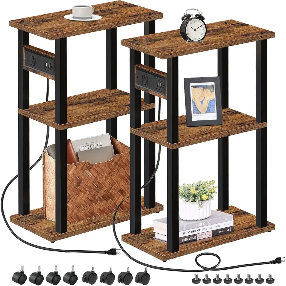 

Set of 2 Skinny End Table for Small Spaces, Slim Nightstand with USB Ports and Outlet,Sofa Beside Table with Wheels