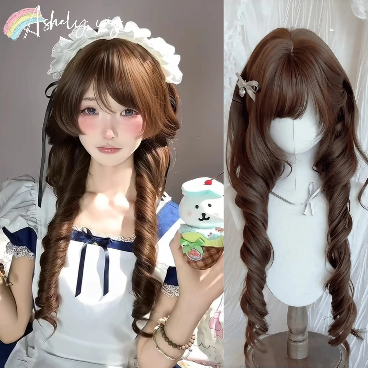 

Chocolate Brown Wig Layers Jellyfish Headband Wig with Bangs Curly Hair Daily Grooming Roman Curls Lolita Princess Synthetic Wig