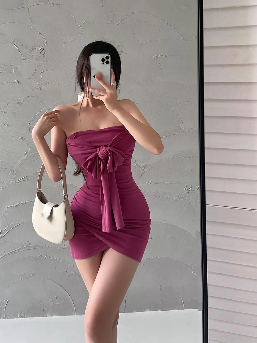 TVVOVVIN Hot Girl Style Sexy Tight Thin Pleated Cross Neck Strapless Hip Wrap Mini Dress Hot Sexy Slim Fashion Robe  W7WN