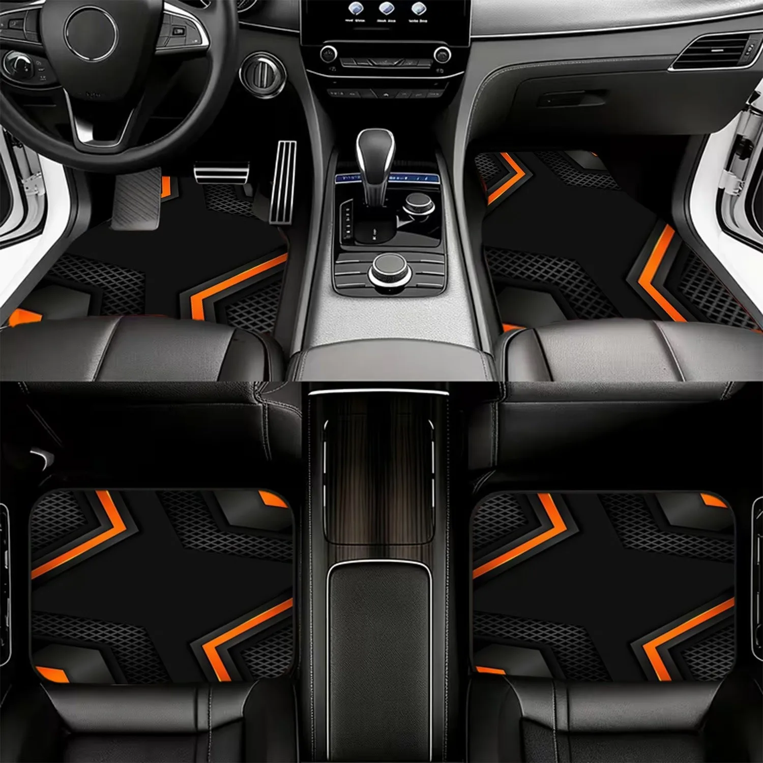 4pcs Car Floor Mats, Material, Modern Futuristic Design With Black & Orange Accents, Dynamic Industrial Aesthetic, Perfect For C