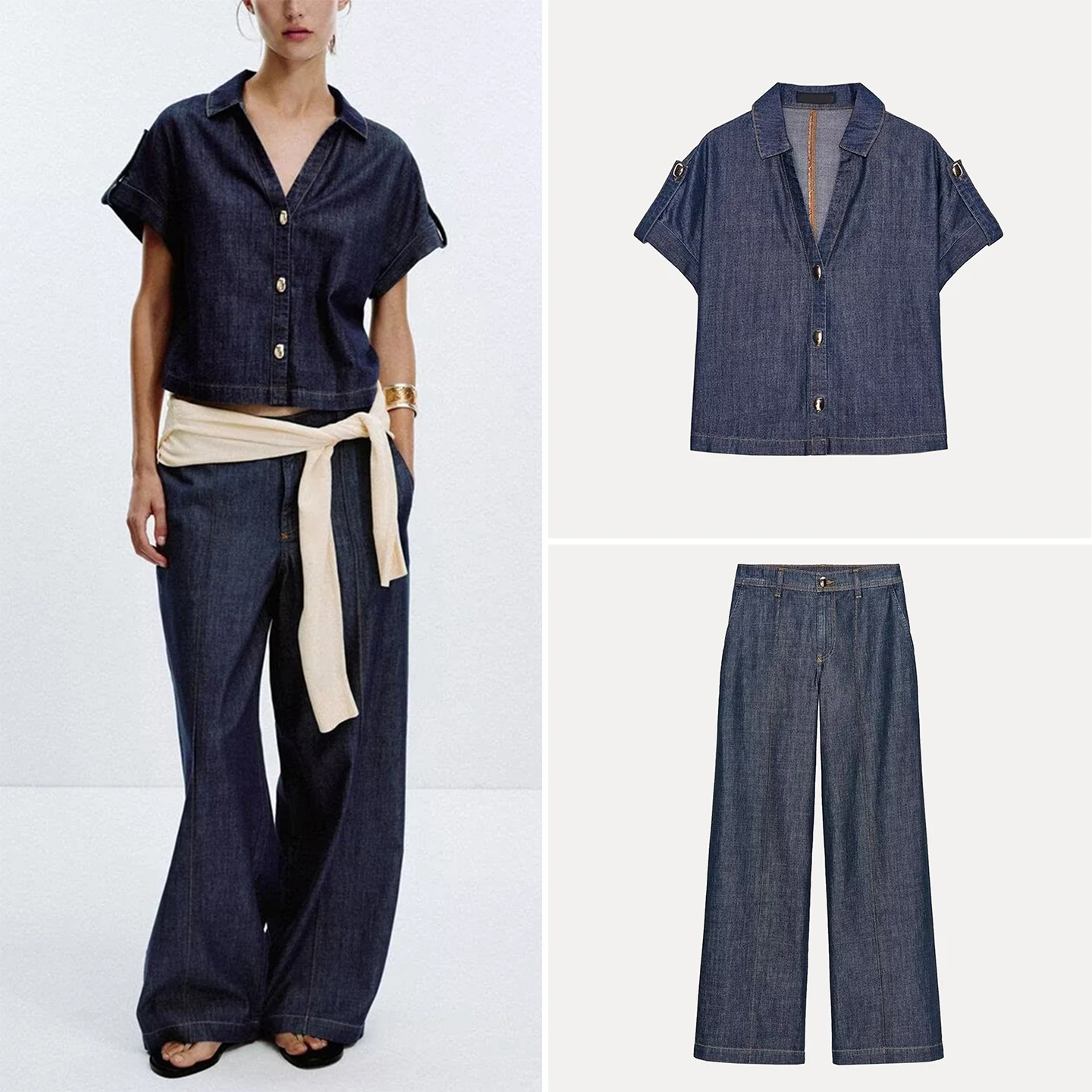 طقم قميص جينز وبنطلون جينز للنساء بأكمام قصيرة وأزرار، مصنوع من ألياف البوليستر، مناسب لجميع الفصول، مريح وعصري #3