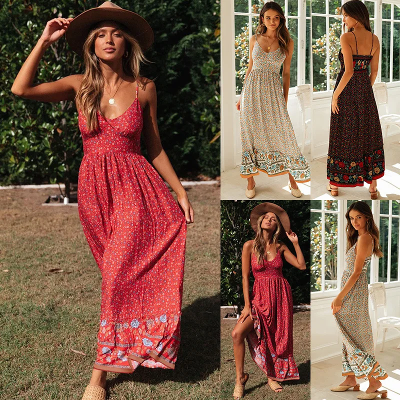 Bohemian Floral Spaghetti Strap Dresses Women Sexy V-neck Backless Casual Beach Vacation Long Dress Female Vestidos Summer New