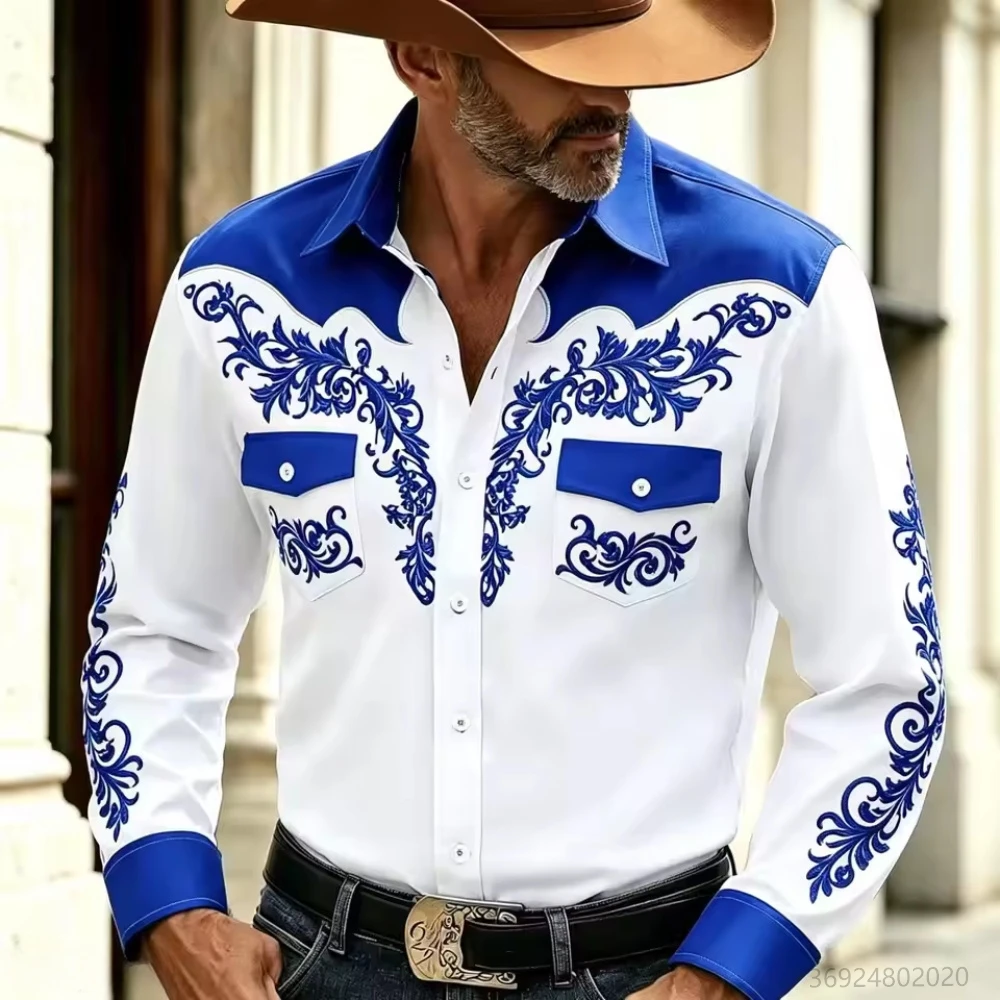 European and American New Western Denim Style Men's Long Sleeved Shirt, 3D Printed Shirt, Double Pocket Design Fabric Comfortabl